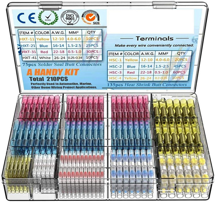 210Pcs Heat Shrink Butt Crimp Connectors Mixed w/ Solder Seal Wire Connectors