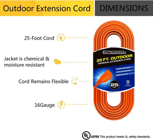 🔥HOT ITEM🔥 16/3 Extension Cord (25 ft) (Orange)