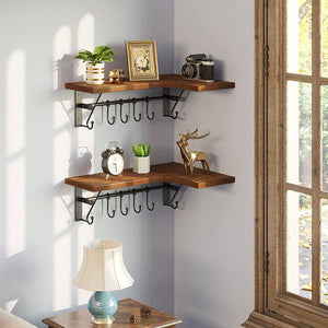 Set of 2 Wall Mounted Corner Floating Shelves with Hooks and Towel Bar