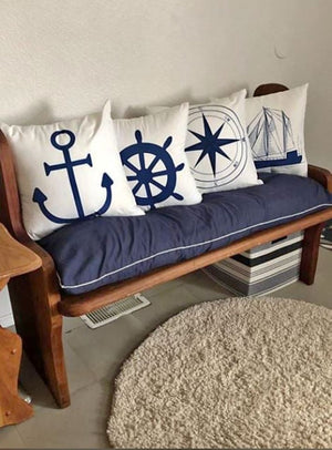 Durable Set of 4 White Blue Anchor Nautical Compass Sailboat Sailing Throw Pillow Covers 18"x18"