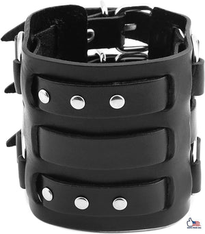 Adjustable Men's Alloy Ring Genuine Leather Bracelet Bangle Cuff Silver Tone