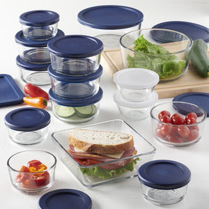 Clear Glass Storage 30 Piece Set with Navy Lids