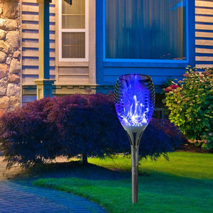 Set of 2 12LED Solar Flame Torch Light Blue Flickering Night Lamp Yard Decor