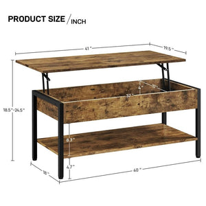 Lift Top Coffee Table with Pop Up Hidden Compartment, Rustic Brown