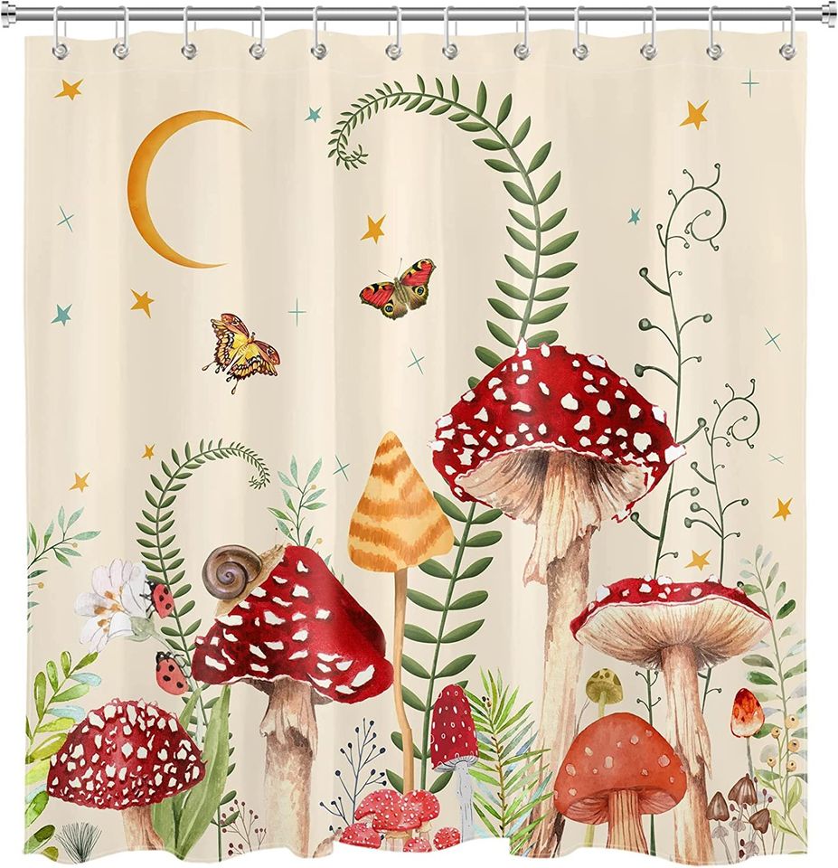 Shower Curtain Retro Mushrooms Butterfly Floral Boho Moon StarsWith 12 Hooks
