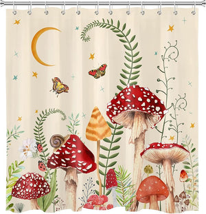 Shower Curtain Retro Mushrooms Butterfly Floral Boho Moon StarsWith 12 Hooks