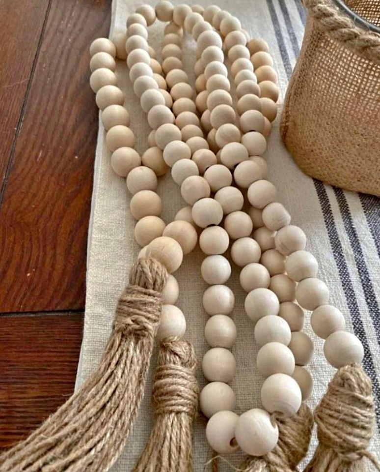 Set of 3 Wooden Beads Garland with Tassels Prayer Beads Farmhouse Rustic Wood Bead String