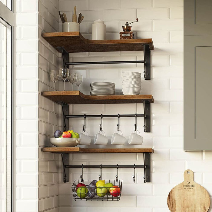Set of 2 Wall Mounted Corner Floating Shelves with Hooks and Towel Bar
