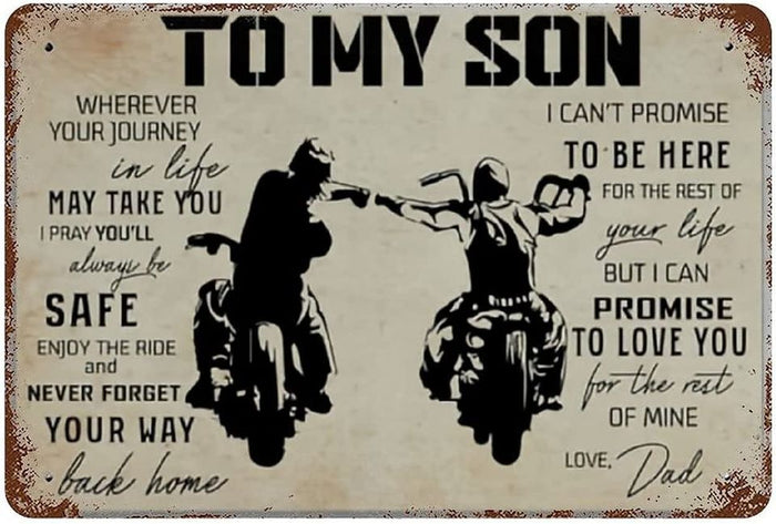 Dad and Son Biker to My Son Vintage Metal Sign Wall Decor for Bars Cafes 12x8 In(White-225)
