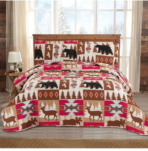 Lodge Quilt Set Full/Queen Size Rustic Cabin Bedding Moose Bear Printed Bedspread Coverlet