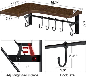 Set of 2 Wall Mounted Corner Floating Shelves with Hooks and Towel Bar