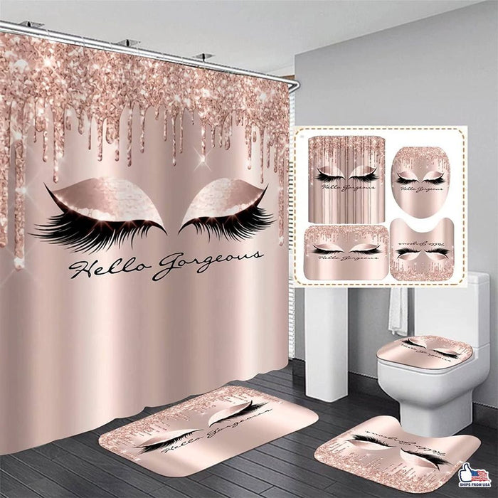 Shower Curtain Pretty Eyelash Spark Rose Gold Drips with Bath Mat 4 Pcs Set 70"L x 70"W