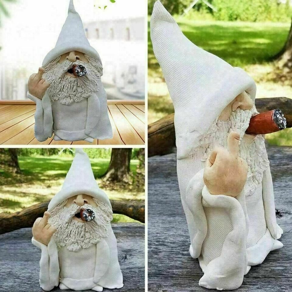 Smoking White Wizard Gnome Middle Finger Garden Yard Lawn Ornament Statue Decor