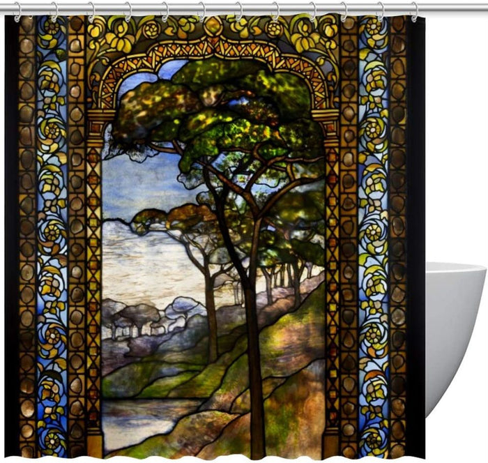 72x72in Stained Glass Shower Curtain with Hook Waterproof