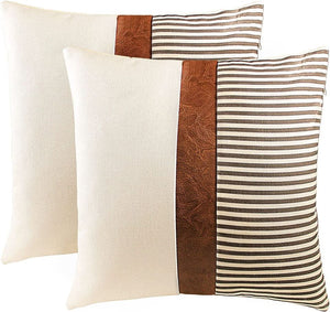 😻🐶 Set of 2 Farmhouse Decor Stripe Patchwork Linen Throw Pillow Covers