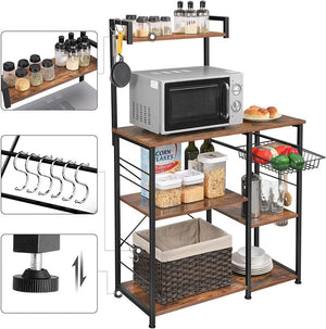 Baker's Rack Kitchen Cart, Microwave Kitchen Shelves Spices Workstation Organizer with Hooks