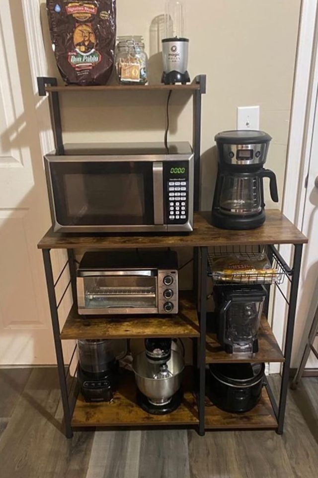 Baker's Rack Kitchen Cart, Microwave Kitchen Shelves Spices Workstation Organizer with Hooks
