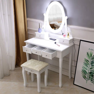 Vanity Table Set w/ Mirror, Table w/ 5 Drawers,10 Dimmable LED Lights and Cushioned Stool Set