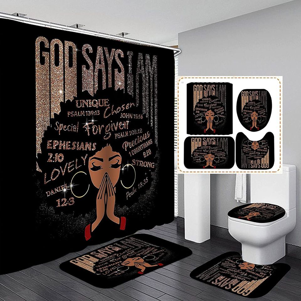 RTHome 4PCS American African Girl Praying Shower Curtain Set with Non-Slip Rugs, Toilet Lid Cover and Bath Mat