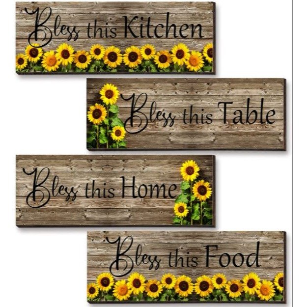 💯SALE❗️❗️4 Pieces Bless This Kitchen Table Home Food Sunflowers Rustic Wall Decor 11"💯