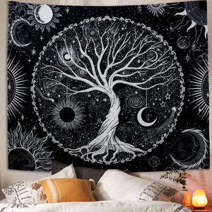 Tree of Life Wall Hanging Tapestry, Sun& Moon Tapestry, Aesthetic Wall Art (50x 60 In)