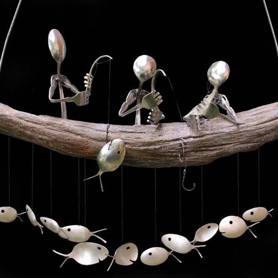 🌸TOP SELLING! 3 Fishing Man Spoon Fish Sculptures Wind Chime Ornament🌸