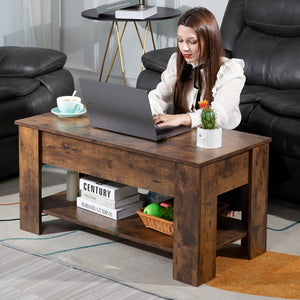 Farmhouse Solid Wooden Lift-Top Coffee Table With Hidden Shelf Compartment And Bottom Shelf, Rustic