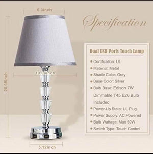 2pcs Lifeholder Bedside Lamp, Exquisite Crystal Lamp with Dual USB Ports, Dimmable Touch Lamp Includ