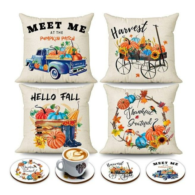 💯CLEARANCE❗️❗️ Set of 4 Hello Fall Pillow Covers Pumpkin Wreath Farm Truck Sunflower 18x18