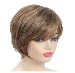 Pixie Cut Layered Wigs with Bangs Straight Synthetic Hair (Blonde Mixed Brown)