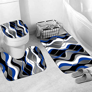 4 Pcs Blue and Black Striped Shower Curtain Set Grey and White Bathroom Sets 70x70"