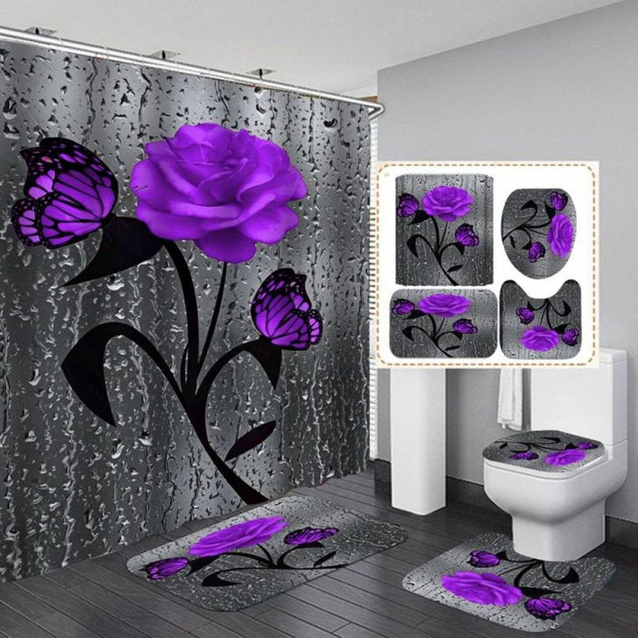 4 PCS 3D Flower Shower Curtain Waterproof Bath Curtain Non-Slip Bathroom Rugs Bath Mat Set