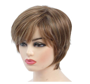 Pixie Cut Layered Wigs with Bangs Straight Synthetic Hair (Blonde Mixed Brown)