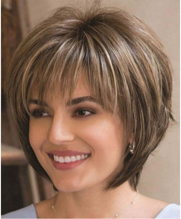 Pixie Cut Layered Wigs with Bangs Straight Synthetic Hair (Blonde Mixed Brown)