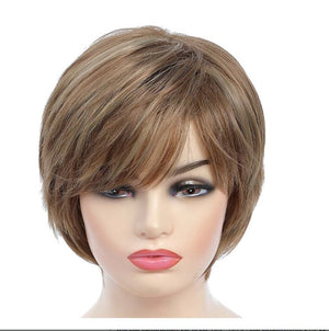 Pixie Cut Layered Wigs with Bangs Straight Synthetic Hair (Blonde Mixed Brown)