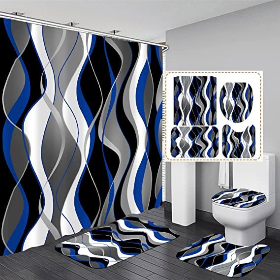 4 Pcs Blue and Black Striped Shower Curtain Set Grey and White Bathroom Sets 70x70"