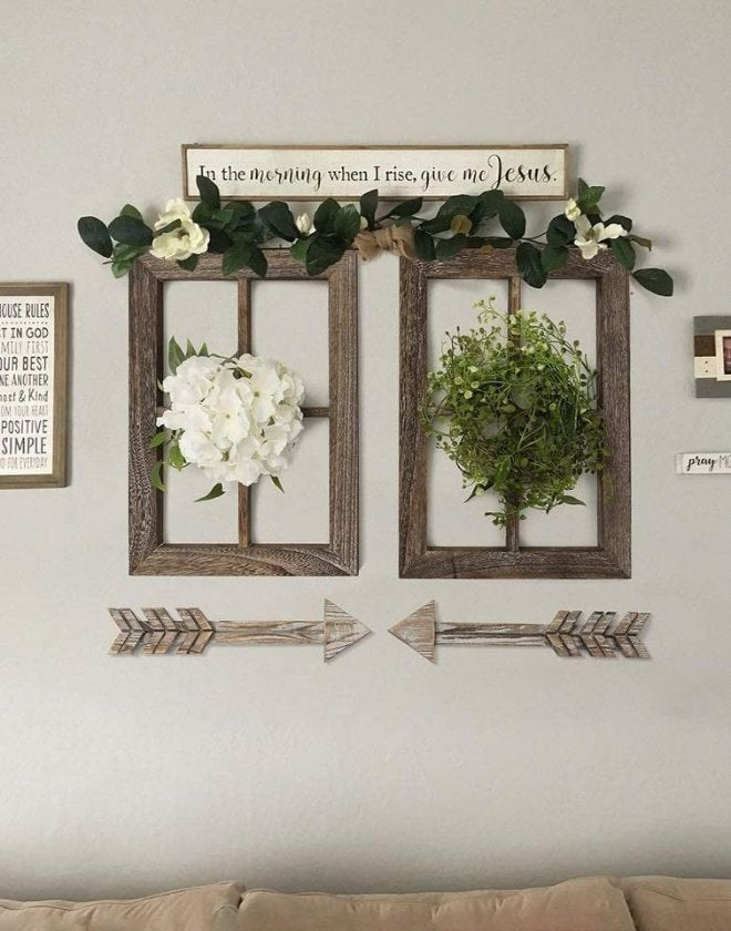 Set of 2 Farmhouse Rustic Wall Decor Wood Window Frames & Arrow Decor | 11X15.8 inches New