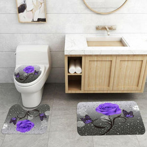 4 PCS 3D Flower Shower Curtain Waterproof Bath Curtain Non-Slip Bathroom Rugs Bath Mat Set