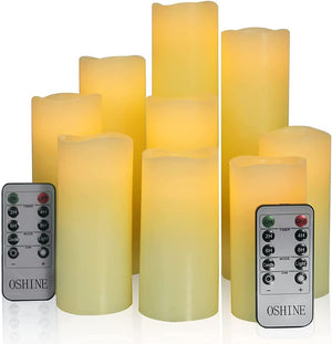 Set of 9 Flameless, Battery Operated Pillar LED Candles with Remote & Timer