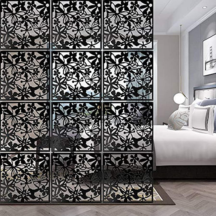 Hanging Room Divider 12 Pcs Flower Carving Pattern Panels Decorative Wall Screen Decor Black