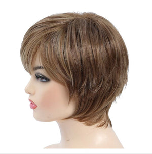 Pixie Cut Layered Wigs with Bangs Straight Synthetic Hair (Blonde Mixed Brown)