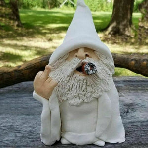 Smoking White Wizard Gnome Middle Finger Garden Yard Lawn Ornament Statue Decor