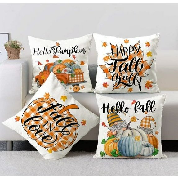 💯CLEARANCE❗️❗️ Set of 4 Fall Decor Farmhouse Buffalo Check Pumpkins Autumn Gnomes 18x18💯