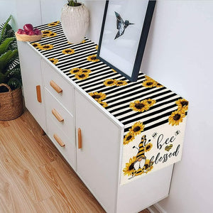 💯Autumn Sunflower Gnome Table Runner Stripes Bee Blessed Fall Table Home Decor 13x72"💯
