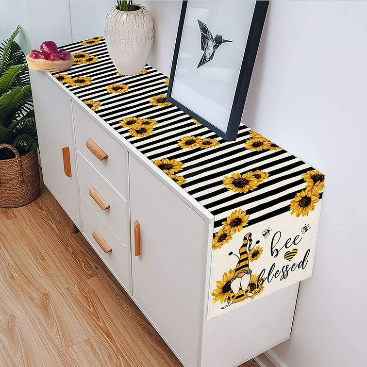 💯Autumn Sunflower Gnome Table Runner Stripes Bee Blessed Fall Table Home Decor 13x72"💯