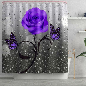 4 PCS 3D Flower Shower Curtain Waterproof Bath Curtain Non-Slip Bathroom Rugs Bath Mat Set