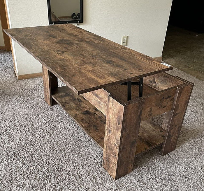 Farmhouse Solid Wooden Lift-Top Coffee Table With Hidden Shelf Compartment And Bottom Shelf, Rustic