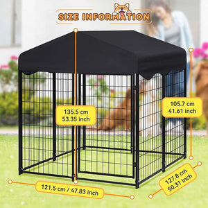 Large Dog Kennel Dog House 4ft x 4.2ft x 4.45ft Heavy Duty Metal Dog Crate Cage with Roof