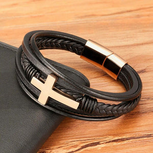 Leather Black Stainless Steel Cross Bracelet with Stainless Steel Magnetic Clasp
