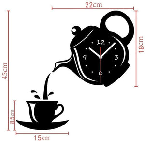 HOT 3D Wall Clock Acrylic Coffee Cup Teapot Decorative